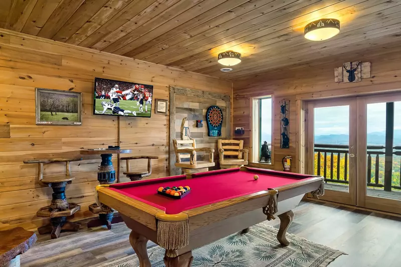 pool table in game room of cabin
