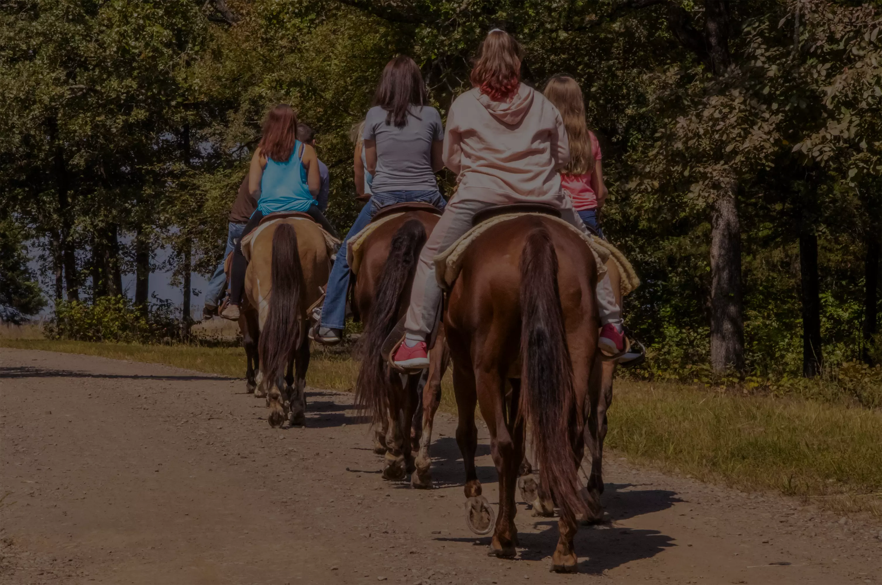 group of people horseback riding down dirt path